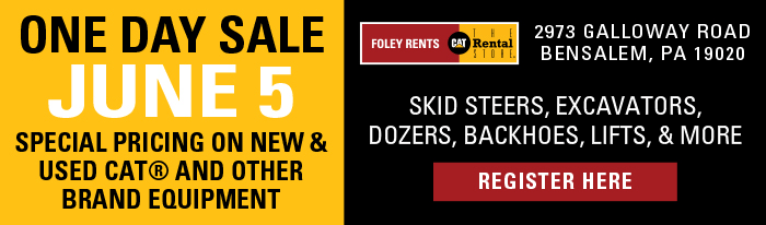 Calling all business owners, construction companies, landscapers and machine enthusiasts! Mark your calendars for Thursday, June 5th for Foley Caterpillar's One-Day Sale at their Bensalem, PA location. You'll find the best deals all year on Cat equipment and more! Featuring used equipment from our rental fleet; skid steers, excavators, backhoes, dozers, rubber track and wheel loaders. From Cat earthmoving and jobsite equipment and beyond, we're also selling air compressors, boom & scissor lifts, buckets, attachments and more from top brands like JLG, Genie, Atlas Copco, Wacker... and obviously, Caterpillar. All equipment is priced to move. Take advantage of special offers available one day only, June 5th. Register by May 28th to be entered into sale day raffles. We hope to see you on June 5th in Bensalem!